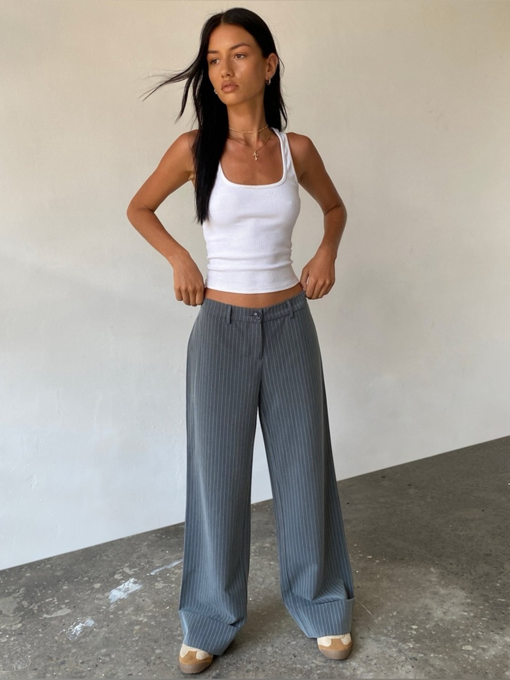 Motel Rocks Slate Gray Pinstripe Wide-Leg Trousers